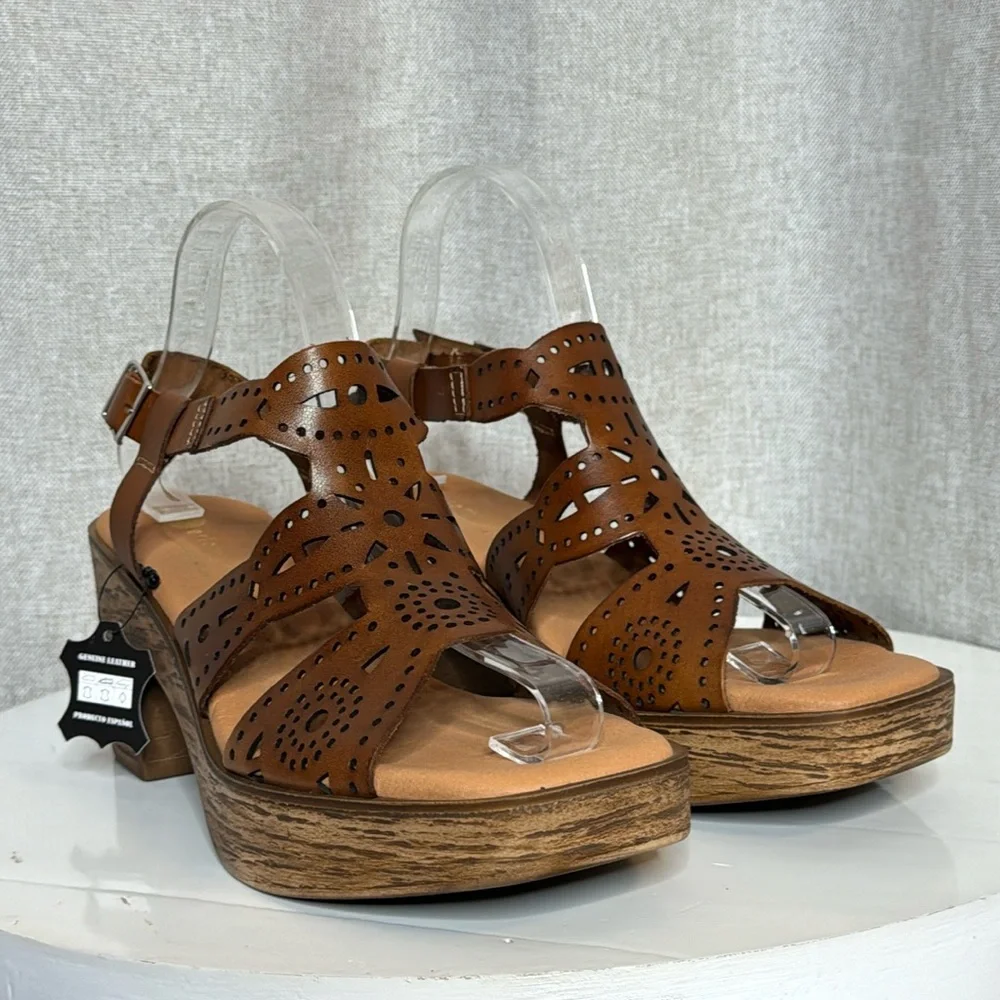 ERIC MICHAEL WHITNEY  COGNAC LEATHER LASER CUT PLATFORM BOHO SANDALS NIB EU 40